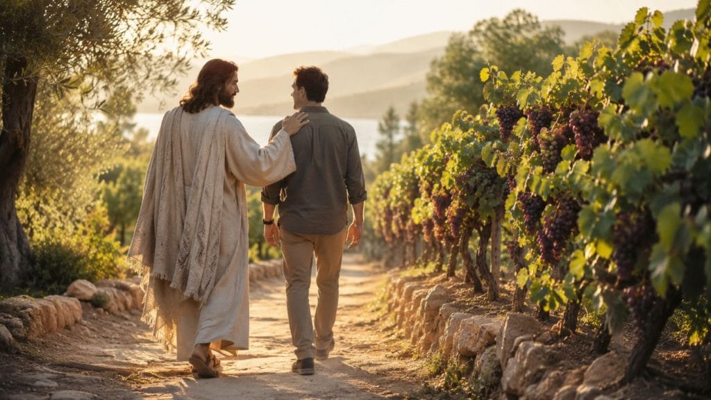 Jesus guiding a man. Showing that we rely on Him