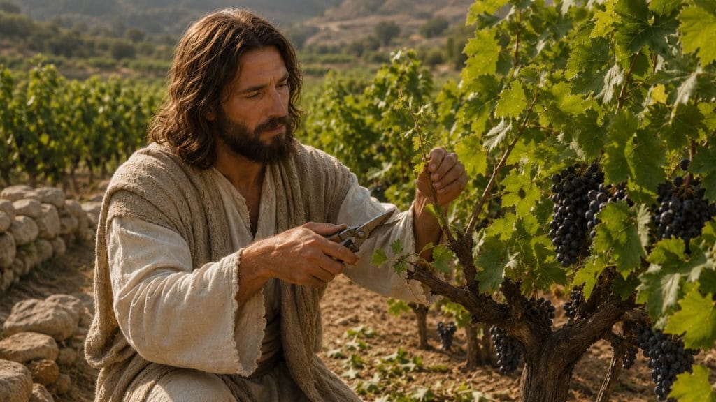 Jesus pruning a vine tree