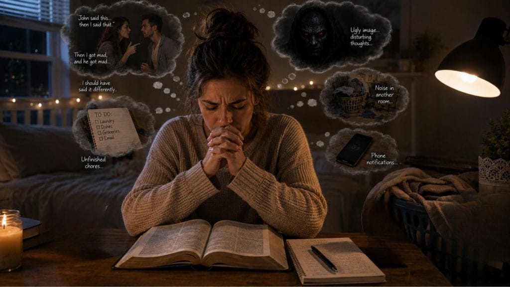 Woman feeling distracted while praying
