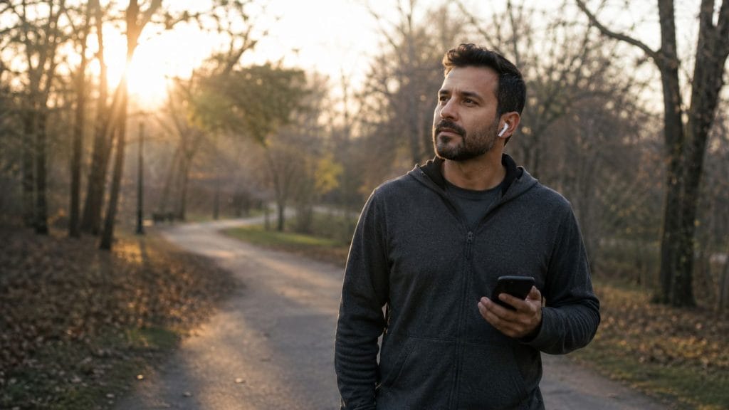a man walking on the park listening to the Bible