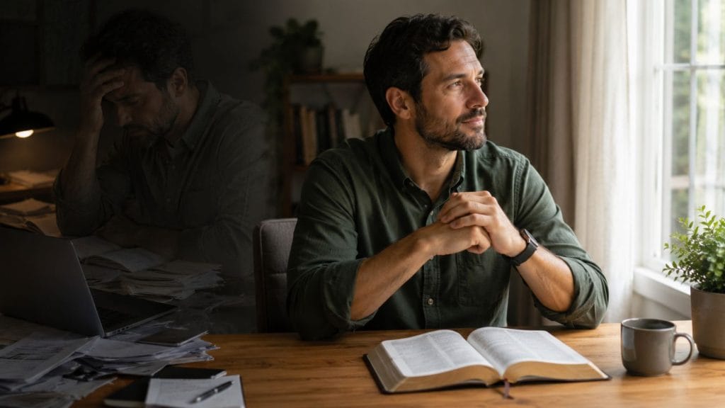 man feels calmer under stress because of spiritual growth