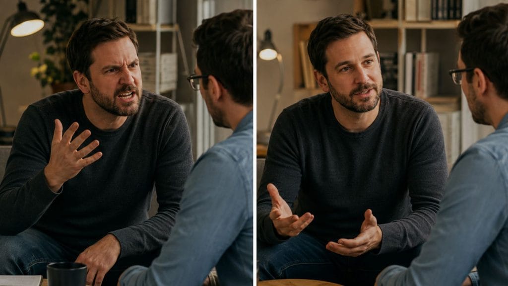 man felt angrier before and now he is calmer