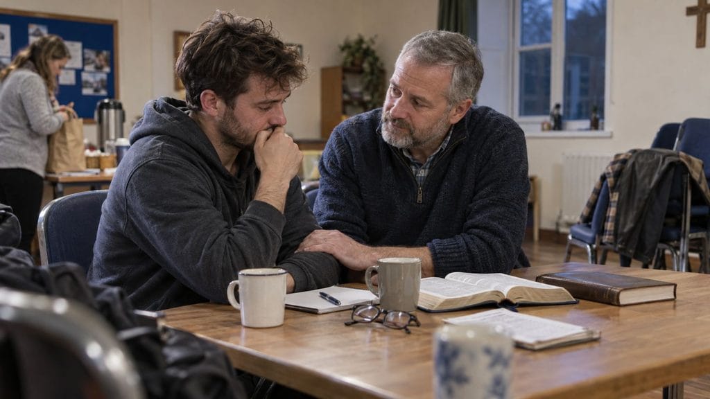man explaining Christian doctrine to someone new