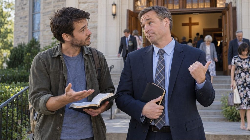 man explaining to his friend the Christian doctrines of his faith